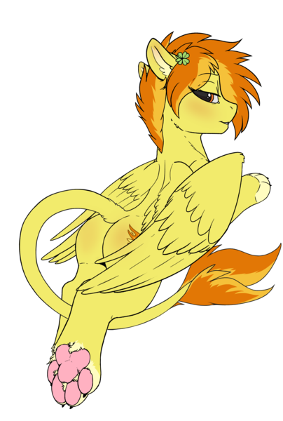 Size: 2136x3173 | Tagged: safe, artist:cold blight, derpibooru import, spitfire, sphinx, alternate hairstyle, commission, cute, four leaf clover, image, leonine tail, looking at you, looking back, looking back at you, nudity, paw pads, paws, png, simple background, solo, species swap, sphinxified, tail, transparent background, underpaw, wings, ych result