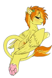 Size: 2136x3173 | Tagged: safe, artist:cold blight, derpibooru import, spitfire, sphinx, alternate hairstyle, commission, cute, four leaf clover, image, leonine tail, looking at you, looking back, looking back at you, nudity, paw pads, paws, png, simple background, solo, species swap, sphinxified, tail, transparent background, underpaw, wings, ych result