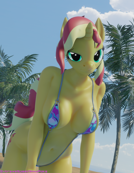 Size: 2700x3500 | Tagged: suggestive, alternate version, artist:extremespeed slowpoke, derpibooru import, sunset shimmer, anthro, pony, 3d, absolute cleavage, absurd resolution, alternate character, belly button, bikini, blender, breasts, cleavage, clothes, cloud, commission, cutie mark, eyebrows, eyelashes, female, horn, image, mare, palm tree, png, raised eyebrow, revamped anthros, seductive, seductive look, seductive pose, sling bikini, solo, solo female, string bikini, swimsuit, tree, watermark, ych result