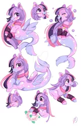 Size: 900x1399 | Tagged: safe, artist:ipun, derpibooru import, oc, unofficial characters only, merpony, seapony (g4), bubble, cute, eyes closed, female, fin wings, fins, fish tail, flower, flowing tail, image, jpeg, looking at you, one eye closed, open mouth, open smile, signature, simple background, smiling, solo, tail, teeth, tongue out, white background, wings, wink