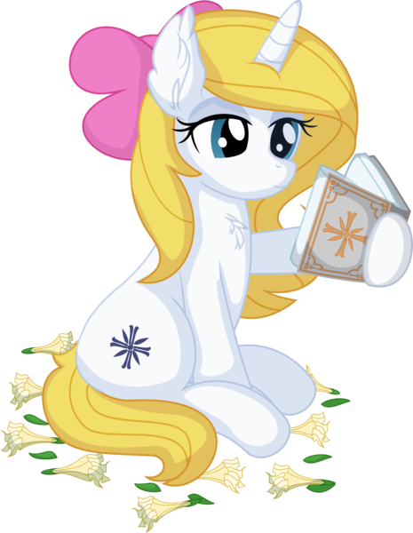 Size: 5733x7405 | Tagged: safe, derpibooru import, oc, oc:reverie, unicorn, .svg available, absurd resolution, book, bow, hair bow, image, lidded eyes, png, reading, sitting, solo, vector