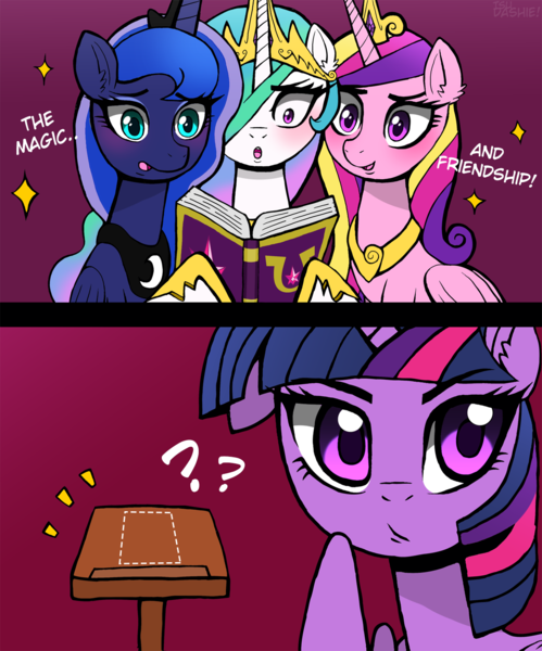 Size: 1250x1504 | Tagged: safe, artist:tsudashie, derpibooru import, princess cadance, princess celestia, princess luna, twilight sparkle, alicorn, pony, book, female, friendship journal, image, jewelry, mlp fim's eleventh anniversary, png, reading, royal sisters, siblings, sisters, sparkles, text