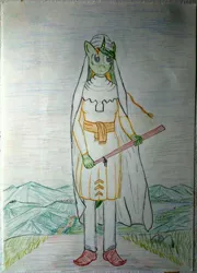 Size: 2506x3485 | Tagged: safe, artist:mildgyth, derpibooru import, clover the clever, anthro, ziragshabdarverse, baresman, clothes, cloud, curved horn, horn, image, jpeg, lake, shoes, solo, traditional art, veil, zoroastrianism