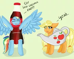 Size: 1280x1024 | Tagged: safe, artist:anastasiaplisetskaya, derpibooru import, applejack, rainbow dash, earth pony, pegasus, pony, bipedal, bottle, clothes, coca-cola, costume, duo, eyes closed, female, halloween, holiday, image, jpeg, ponytober, simple background, tea kettle