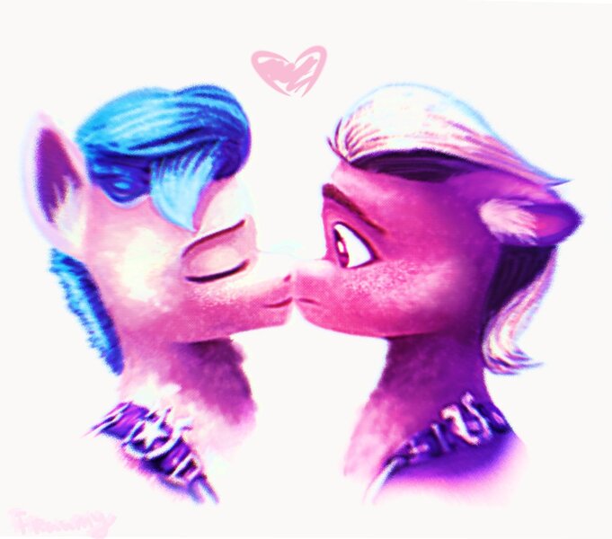 Size: 1552x1368 | Tagged: safe, artist:fraumflug, derpibooru import, hitch trailblazer, sprout cloverleaf, earth pony, pony, my little pony: a new generation, boop, bust, cute, g5, gay, heart, hitchsprout, image, jpeg, male, noseboop, portrait, sash, shipping