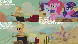 Size: 1280x720 | Tagged: safe, derpibooru import, edit, edited screencap, editor:quoterific, screencap, applejack, fluttershy, pinkie pie, rainbow dash, rarity, twilight sparkle, earth pony, pegasus, pony, unicorn, season 2, the last roundup, applejack's hat, bag, cowboy hat, eyes closed, female, hat, image, mane six, mare, open mouth, png, running, saddle bag, unicorn twilight, wagon