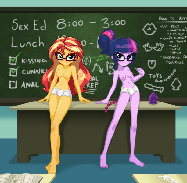 Size: 6144x6013 | Tagged: questionable, artist:rileyav, derpibooru import, sci-twi, sunset shimmer, twilight sparkle, equestria girls, absurd resolution, anal beads, barefoot, belly button, blushing, breasts, briefs, buttplug, classroom, clothes, cum, duo, duo female, eyebrows, eyebrows visible through hair, feet, female, females only, girl in briefs, glasses, image, looking at you, png, sex education, sex toy, sexy, smiling, smiling at you, tighty whities, underwear