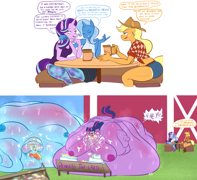 Size: 5800x5300 | Tagged: questionable, artist:nolovehugepleb, derpibooru import, applejack, rainbow dash, starlight glimmer, trixie, twilight sparkle, twilight sparkle (alicorn), alicorn, earth pony, pegasus, unicorn, blob, embarrassed, farm, fat, feeder, feederjack, image, immobile, jpeg, messy eating, morbidly obese, obese, rainblob dash, steamy, story included, sweat, teasing, trough, twilard sparkle