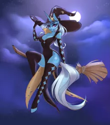 Size: 3471x3933 | Tagged: suggestive, artist:u_lu_lu, derpibooru import, trixie, anthro, breasts, broom, clothes, female, flying, flying broomstick, hat, image, leggings, looking at you, night, night sky, png, sky, solo, solo female, witch, witch costume, witch hat