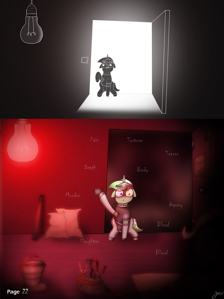 Size: 2600x3463 | Tagged: safe, artist:jesterpi, derpibooru import, oc, oc:jester pi, pegasus, comic:a jester's tale, baseball bat, battery, body, bucket, bulb, censoured, clothes, comic, death, fear, horn, horror, image, jpeg, light, maid, manehattan, miad outfit, murder, panic, red, sack, scared, slice of life, speachless, terrefied, text, trotting