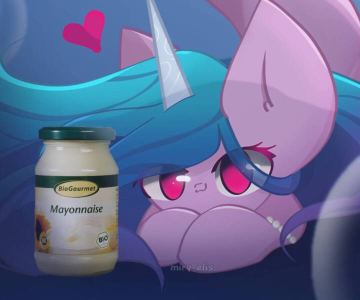 Size: 1800x1500 | Tagged: safe, artist:miryelis, derpibooru import, izzy moonbow, pony, unicorn, my little pony: a new generation, bracelet, floating heart, food, g5, heart, image, jewelry, jpeg, mayonnaise, sauce