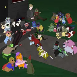 Size: 1920x1920 | Tagged: safe, artist:kerosinecannibal, derpibooru import, oc, oc:avocado, oc:bonnie, oc:doctor crazystein, fluffy pony, clothes, costume, fluffy pony original art, halloween, holiday, hugbox, image, jpeg