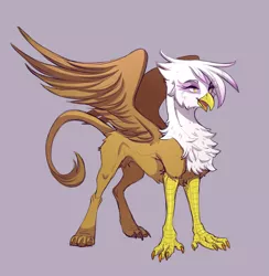 Size: 2989x3057 | Tagged: safe, artist:1an1, derpibooru import, gilda, gryphon, chest fluff, cute, eye clipping through hair, eyebrows, eyebrows visible through hair, female, gildadorable, high res, image, open mouth, png, purple background, simple background, solo, spread wings, wings