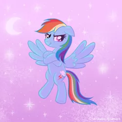 Size: 800x800 | Tagged: safe, artist:flutterberrypie, derpibooru import, rainbow dash, pegasus, pony, crossed arms, floppy ears, flying, image, jpeg, looking at you, moon, night, simple background, sky, smiling, solo, spread wings, stars, wings