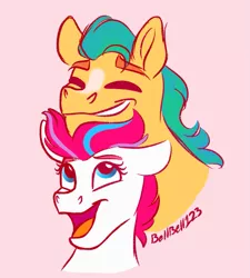 Size: 1199x1330 | Tagged: safe, artist:bellbell123, derpibooru import, hitch trailblazer, zipp storm, pony, bust, cute, eyes closed, female, g5, hitchzipp, image, jpeg, male, mare, pink background, portrait, shipping, simple background, smiling, stallion, straight