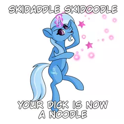 Size: 2000x2000 | Tagged: suggestive, artist:plaguemare, derpibooru import, trixie, pony, unicorn, bipedal, dancing, evil grin, female, glow, glowing horn, grin, horn, image, magic, mare, png, simple background, smiling, smirk, solo, spell, text, white background