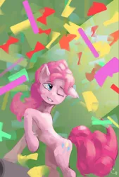 Size: 4160x6144 | Tagged: safe, artist:thelordgemm, derpibooru import, pinkie pie, earth pony, pony, confetti, female, image, one eye closed, png, raised hoof, solo, wink
