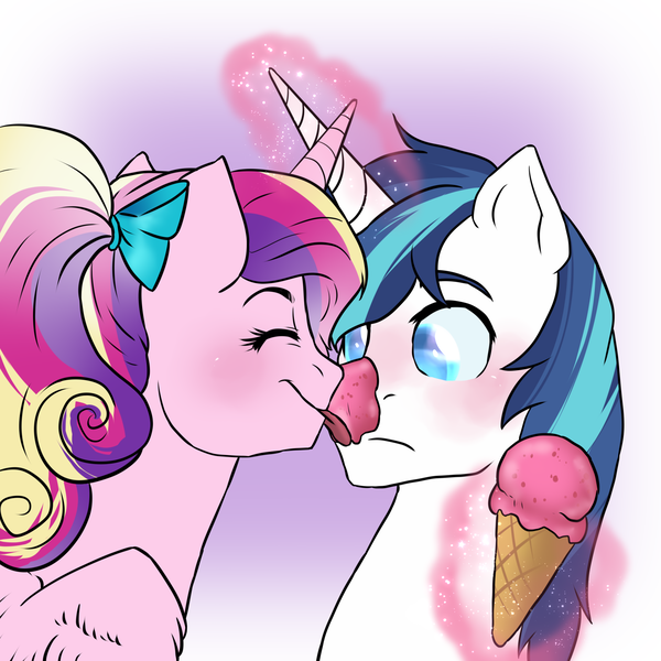Size: 2000x2000 | Tagged: safe, artist:not-ordinary-pony, derpibooru import, princess cadance, shining armor, alicorn, pony, unicorn, blushing, commission, female, food, ice cream, image, licking, male, png, shiningcadance, shipping, straight, teen princess cadance, teen shining armor, tongue out, younger