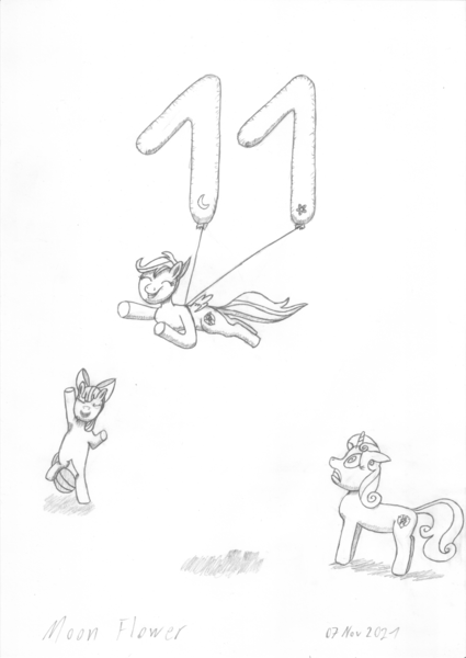 Size: 2160x3053 | Tagged: safe, artist:moon flower, derpibooru import, apple bloom, scootaloo, sweetie belle, earth pony, pegasus, pony, unicorn, 11, 2021, balloon, bipedal, bowtie, cheering, cringing, cutie mark, cutie mark crusaders, derpibooru exclusive, feathered wings, female, females only, feral, floating, floppy ears, grayscale, hair, hanging, happy, hooves, horn, image, logo, mane, mlp fim's eleventh anniversary, monochrome, pencil drawing, png, rope, signature, spread wings, standing, tail, this will end in tears and/or death and/or covered in tree sap, traditional art, trio, wings, worried