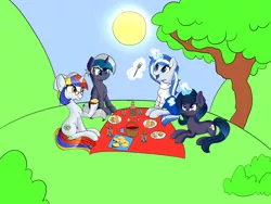 Size: 4000x3000 | Tagged: safe, artist:icey-wicey-1517, artist:n0kkun, derpibooru import, oc, oc:arepita, oc:balmoral, oc:elizabat stormfeather, oc:n0kkun, unofficial characters only, alicorn, bat pony, bat pony alicorn, fish, pony, unicorn, alcohol, alicorn oc, bat pony oc, bat wings, bottle, bush, chips, clothes, collaboration, colored, drink, eating, female, food, fork, glass, glasses, glow, glowing horn, hat, hill, horn, image, irn bru, kilt, magic, mare, mlp fim's eleventh anniversary, multicolored hair, napkin, open mouth, picnic, plate, png, raised hoof, scotland, soda, sun, sweater, tree, venezuela, water, whiskey, wings