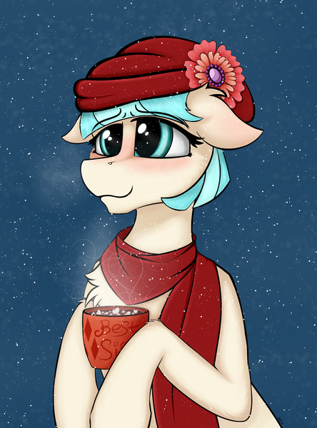 Size: 2203x2975 | Tagged: safe, artist:mix333, derpibooru import, coco pommel, earth pony, pony, blushing, breath, chocolate, clothes, cocobetes, cute, derpibooru exclusive, female, floppy ears, food, hat, hot chocolate, image, mare, marshmallow, mug, offscreen character, png, scarf, simple background, smiling, snow, snowfall, solo, steam