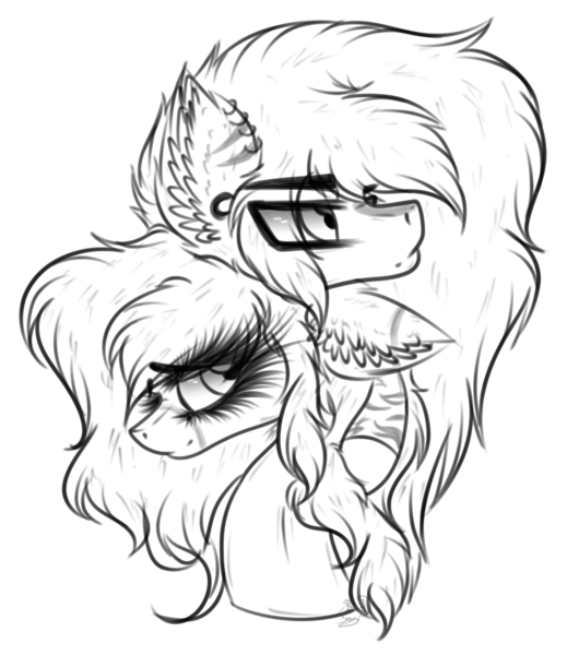 Size: 1855x2143 | Tagged: safe, artist:beamybutt, derpibooru import, oc, oc:bluebell, unofficial characters only, earth pony, pony, duo, ear fluff, ear piercing, earring, earth pony oc, eyelashes, female, image, jewelry, lineart, male, mare, monochrome, piercing, png, simple background, smiling, stallion, white background