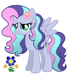 Size: 1148x1259 | Tagged: safe, artist:madlilon2051, derpibooru import, oc, unofficial characters only, pegasus, pony, base used, crack ship offspring, eyelashes, flower, flower in hair, image, offspring, parent:fluttershy, parent:noteworthy, pegasus oc, png, simple background, smiling, solo, transparent background, wings