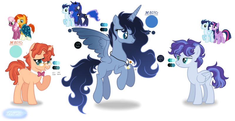 Size: 3224x1664 | Tagged: safe, artist:purplepotato04, derpibooru import, cheerilee, princess luna, soarin', sunburst, twilight sparkle, twilight sparkle (alicorn), oc, alicorn, pegasus, pony, unicorn, female, glasses, image, mare, offspring, parent:cheerilee, parent:princess luna, parent:soarin', parent:sunburst, parent:twilight sparkle, parents:soarlight, parents:soarluna, png