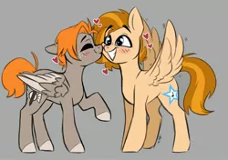 Size: 2893x2039 | Tagged: safe, artist:kadus_uwu, artist:madkadd, derpibooru import, oc, pegasus, pony, blushing, colored hooves, colored wings, eyes closed, freckles, gray background, grin, heart, image, jpeg, oc x oc, pegasus oc, shipping, simple background, smiling, two toned wings, wings