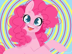 Size: 1600x1200 | Tagged: safe, artist:madkadd, derpibooru import, pinkie pie, earth pony, pony, abstract background, blushing, eyelashes, female, image, jpeg, mare, smiling, solo