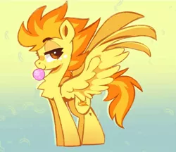 Size: 1000x864 | Tagged: safe, artist:sugaryyflower, derpibooru import, spitfire, pegasus, pony, abstract background, blowing bubblegum, bubblegum, chewing, eating, female, food, freckles, gum, image, jpeg, looking at you, mare, raised eyebrow, solo, spread wings, standing, wings, wonderbolts