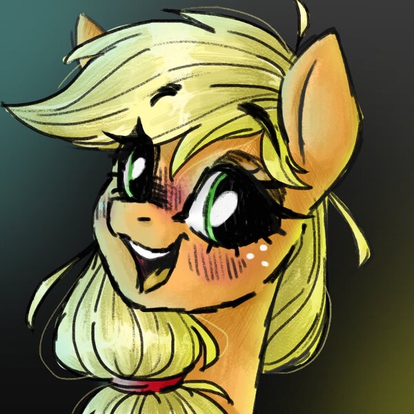 Size: 1024x1024 | Tagged: safe, artist:madkadd, derpibooru import, applejack, earth pony, pony, abstract background, blushing, bust, eyelashes, female, freckles, image, jpeg, mare, smiling, solo