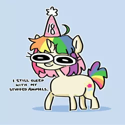 Size: 3000x3000 | Tagged: safe, artist:madkadd, derpibooru import, oc, unofficial characters only, pony, unicorn, blue background, eyelashes, female, hat, horn, image, jpeg, mare, multicolored hair, party hat, rainbow hair, simple background, unicorn oc