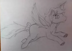 Size: 3215x2260 | Tagged: safe, artist:mjangelvortex, derpibooru import, firefly, pegasus, pony, bow, female, flying, g1, image, jpeg, mare, simple background, solo, tail, tail bow, traditional art