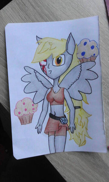 Size: 768x1280 | Tagged: semi-grimdark, artist:clown-bread, derpibooru import, anthro, pegasus, blood, clothes, female, food, image, jpeg, muffin, shorts, skirt, sports bra, traditional art, wings