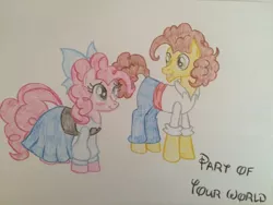 Size: 960x720 | Tagged: safe, artist:gibina4ever, derpibooru import, cheese sandwich, pinkie pie, blushing, cheesepie, clothes, crossover, disney, dress, female, image, jpeg, male, part of your world, shipping, straight, the little mermaid, traditional art