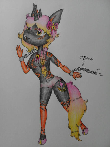 Size: 972x1296 | Tagged: safe, artist:clown-bread, derpibooru import, oc, unofficial characters only, anthro, bicorn, unguligrade anthro, chains, cloven hooves, female, horn, image, jpeg, multiple horns, smiling, solo, tattoo, traditional art, waving