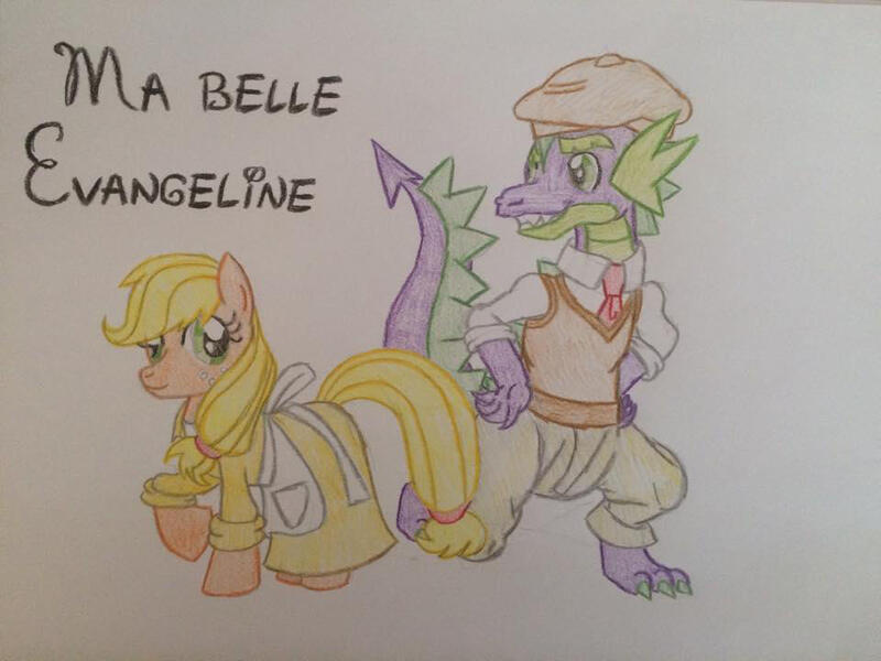 Size: 960x720 | Tagged: safe, artist:gibina4ever, derpibooru import, applejack, spike, applespike, clothes, crossover, disney, female, image, jpeg, ma belle evangeline, male, older, older spike, shipping, straight, the princess and the frog, traditional art