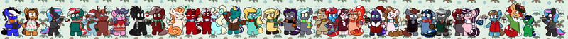 Size: 16730x1167 | Tagged: safe, artist:tranzmuteproductions, derpibooru import, oc, oc:obabscribbler, oc:tranzmute, unofficial characters only, bat pony, pony, unicorn, bat pony oc, bat wings, bipedal, chibi, christmas, clothes, cocktail glass, female, group, hat, holiday, horn, image, male, mare, png, santa hat, scarf, smiling, stallion, unicorn oc, wings