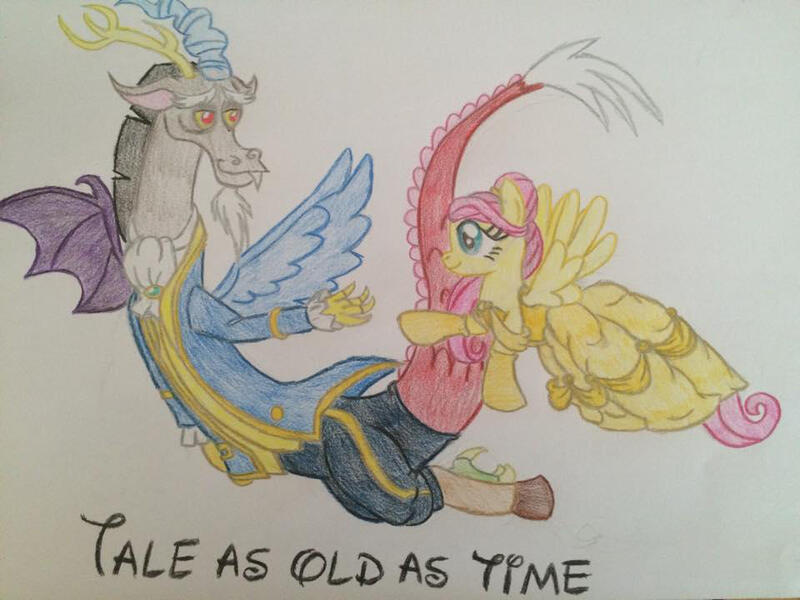 Size: 960x720 | Tagged: safe, artist:gibina4ever, derpibooru import, discord, fluttershy, beauty and the beast, clothes, crossover, discoshy, disney, dress, female, image, jpeg, male, shipping, straight, tale as old as time, traditional art