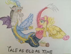 Size: 960x720 | Tagged: safe, artist:gibina4ever, derpibooru import, discord, fluttershy, beauty and the beast, clothes, crossover, discoshy, disney, dress, female, image, jpeg, male, shipping, straight, tale as old as time, traditional art