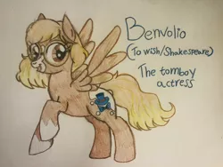 Size: 1024x768 | Tagged: safe, artist:gibina4ever, derpibooru import, oc, oc:benvolio, pegasus, glasses, image, jpeg, pegasus oc, shakespeare, tomboy, traditional art, wings