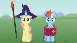 Size: 851x477 | Tagged: safe, artist:agrol, derpibooru import, fluttershy, rainbow dash, pony, unicorn, alternate hairstyle, book, glow, glowing horn, hairstyle, hat, horn, image, let's start the game, looking at you, png, race swap, spellbook, staff, unicorn fluttershy, unicorn rainbow dash, wizard hat, youtube link