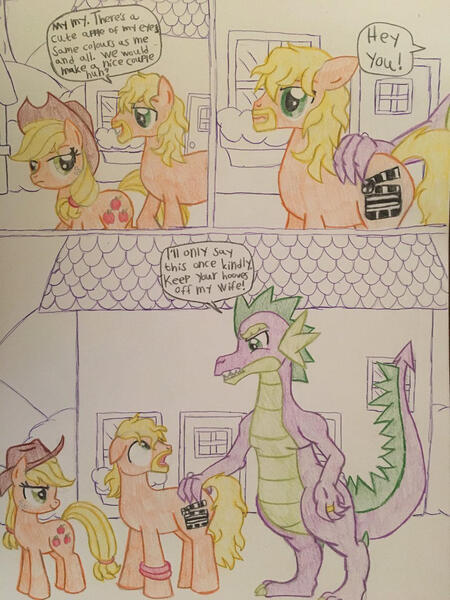 Size: 1024x1365 | Tagged: safe, artist:gibina4ever, derpibooru import, applejack, spike, oc, applespike, comic, female, flirting, image, jpeg, male, older, older spike, shipping, straight, traditional art