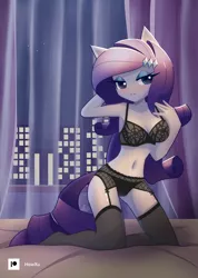Size: 1000x1407 | Tagged: suggestive, artist:howxu, derpibooru import, rarity, bed, black underwear, blushing, bra, breasts, city, clothes, garter belt, image, lingerarity, lingerie, looking at you, panties, png, underwear