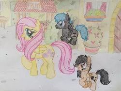 Size: 2828x2121 | Tagged: safe, artist:gibina4ever, derpibooru import, fluttershy, oc, oc:fashion heart, oc:rock blues, babysitting, fruit stand, image, jpeg, parent:oc:acting tail, siblings, stroll, strolling, traditional art, twins