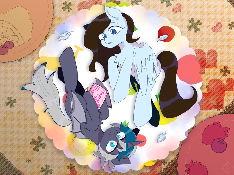 Size: 2048x1536 | Tagged: safe, artist:metaruscarlet, derpibooru import, oc, oc:elizabat stormfeather, oc:krissy, unofficial characters only, alicorn, bat pony, bat pony alicorn, pegasus, pony, alicorn oc, bat pony oc, bat wings, berry, birthday, birthday cake, birthday gift, cake, cherry, duo, female, food, horn, image, lemon, mare, png, strawberry, wings