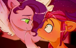 Size: 1237x782 | Tagged: safe, artist:woollyart, derpibooru import, pipp petals, sunny starscout, earth pony, pegasus, pony, my little pony: a new generation, blushing, female, g5, image, jpeg, lesbian, lidded eyes, mare, shipping, smiling, spread wings, sunnypipp, wings