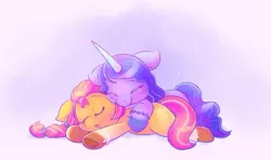 Size: 930x549 | Tagged: safe, artist:freyofelt, derpibooru import, izzy moonbow, sunny starscout, earth pony, pony, unicorn, my little pony: a new generation, cuddling, cute, eyes closed, female, g5, hug, image, izzybetes, izzyscout, jpeg, lesbian, mare, open mouth, shipping, simple background, sleeping, smiling, sunnybetes