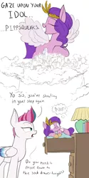 Size: 800x1600 | Tagged: safe, artist:rocket-lawnchair, derpibooru import, pipp, pipp petals, zipp storm, pegasus, pony, my little pony: a new generation, dialogue, dream, eyes closed, female, g5, giantess, height supremacy, image, lidded eyes, macro, pipp is short, png, size difference, sleeping, smiling, smol, surprised